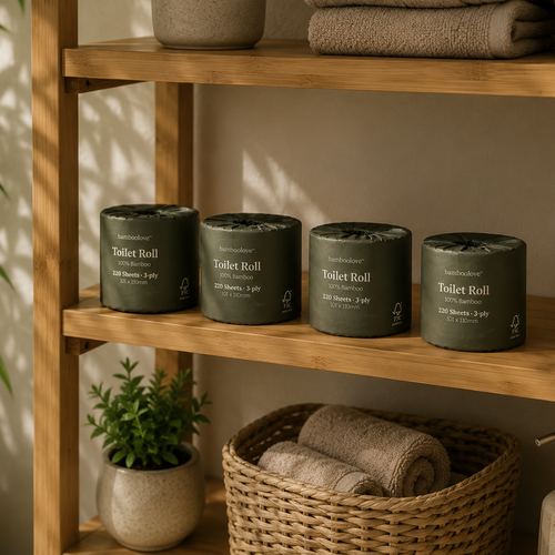 Bamboo toilet rolls displayed on a bathroom shelf