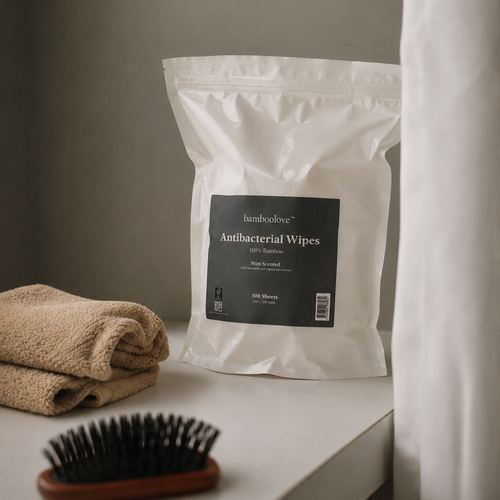 Bamboolove antibacterial wipes pouch on a bathroom shelf